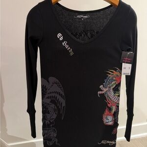 Y2K Ed Hardy Black Long Sleeve Thermal Mini Dress Size Small NWT